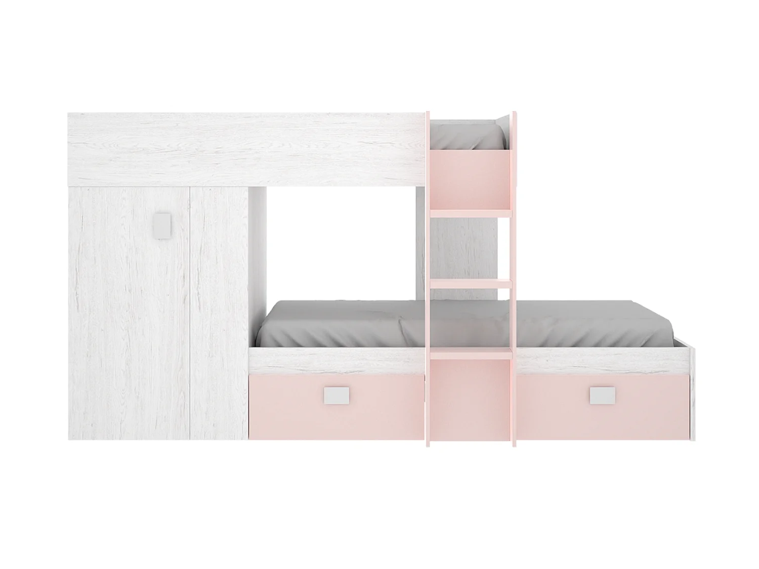 Lit enfant superposé avec armoire et 2 tiroirs coloris Blanc, rose - Longueur 271 x Profondeur 111 x Hauteur 150 cm