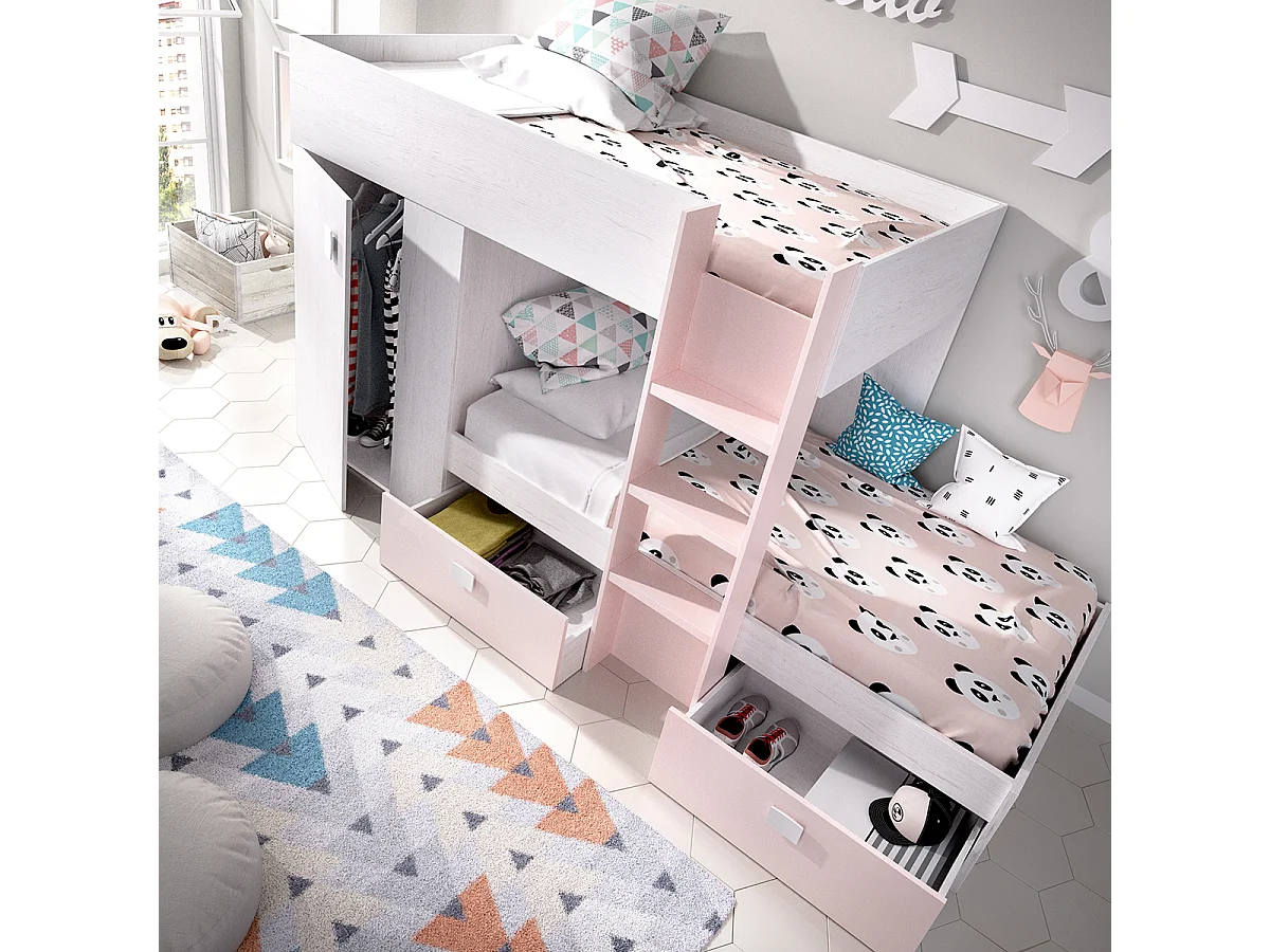 Lit enfant superposé avec armoire et 2 tiroirs coloris Blanc, rose - Longueur 271 x Profondeur 111 x Hauteur 150 cm