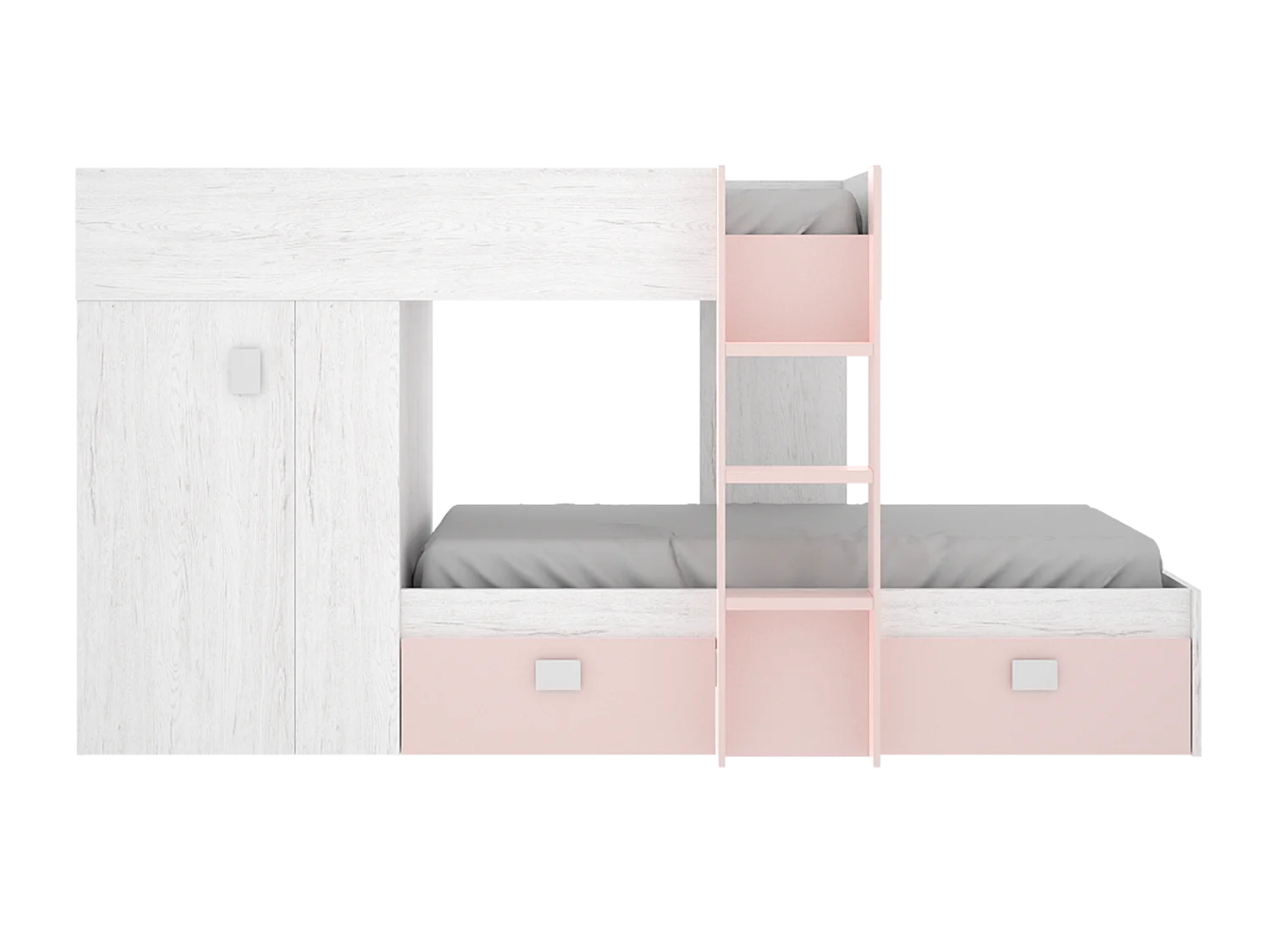 Lit enfant superposé avec armoire et 2 tiroirs coloris Blanc, rose - Longueur 271 x Profondeur 111 x Hauteur 150 cm