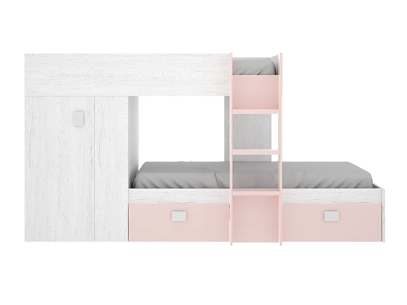 Lit enfant superposé avec armoire et 2 tiroirs coloris Blanc, rose - Longueur 271 x Profondeur 111 x Hauteur 150 cm