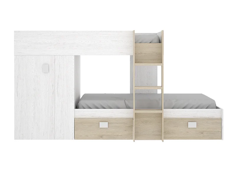 Lit enfant superposé avec armoire et 2 tiroirs coloris chêne naturel, imitation lamelles, blanc  -  Longueur 271 x Profondeur 111 x Hauteur 150 cm