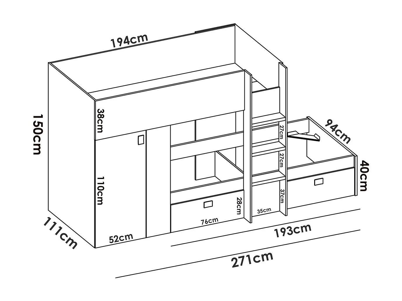 Lit enfant superposé avec armoire et 2 tiroirs coloris chêne naturel, imitation lamelles, blanc  -  Longueur 271 x Profondeur 111 x Hauteur 150 cm