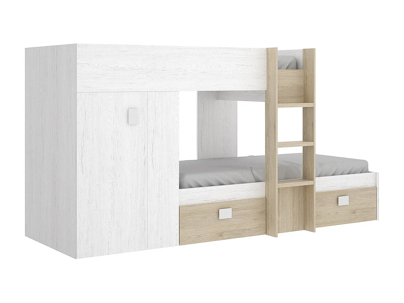Lit enfant superposé avec armoire et 2 tiroirs coloris chêne naturel, imitation lamelles, blanc  -  Longueur 271 x Profondeur 111 x Hauteur 150 cm