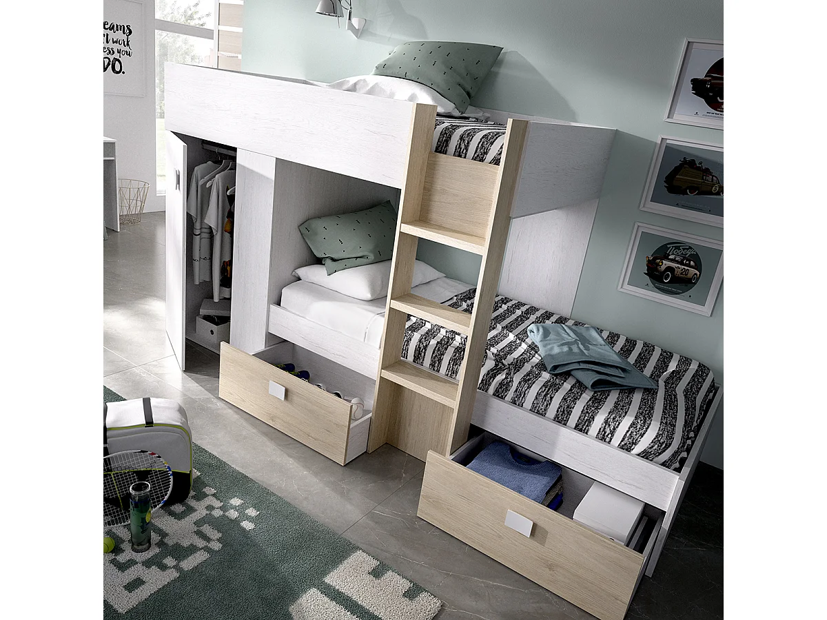 Lit enfant superposé avec armoire et 2 tiroirs coloris chêne naturel, imitation lamelles, blanc  -  Longueur 271 x Profondeur 111 x Hauteur 150 cm