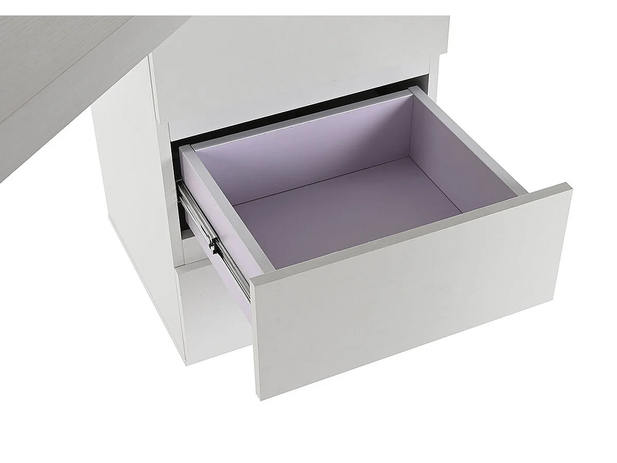 Lit enfant superposé avec armoire et 2 tiroirs coloris chêne naturel, imitation lamelles, blanc  -  Longueur 271 x Profondeur 111 x Hauteur 150 cm