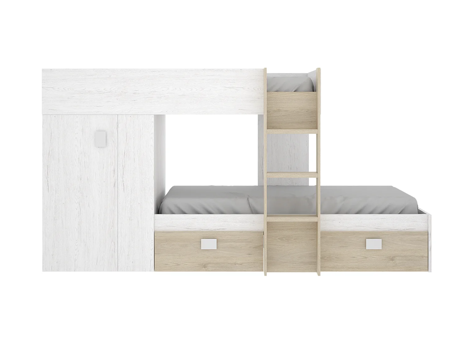 Lit enfant superposé avec armoire et 2 tiroirs coloris chêne naturel, imitation lamelles, blanc  -  Longueur 271 x Profondeur 111 x Hauteur 150 cm