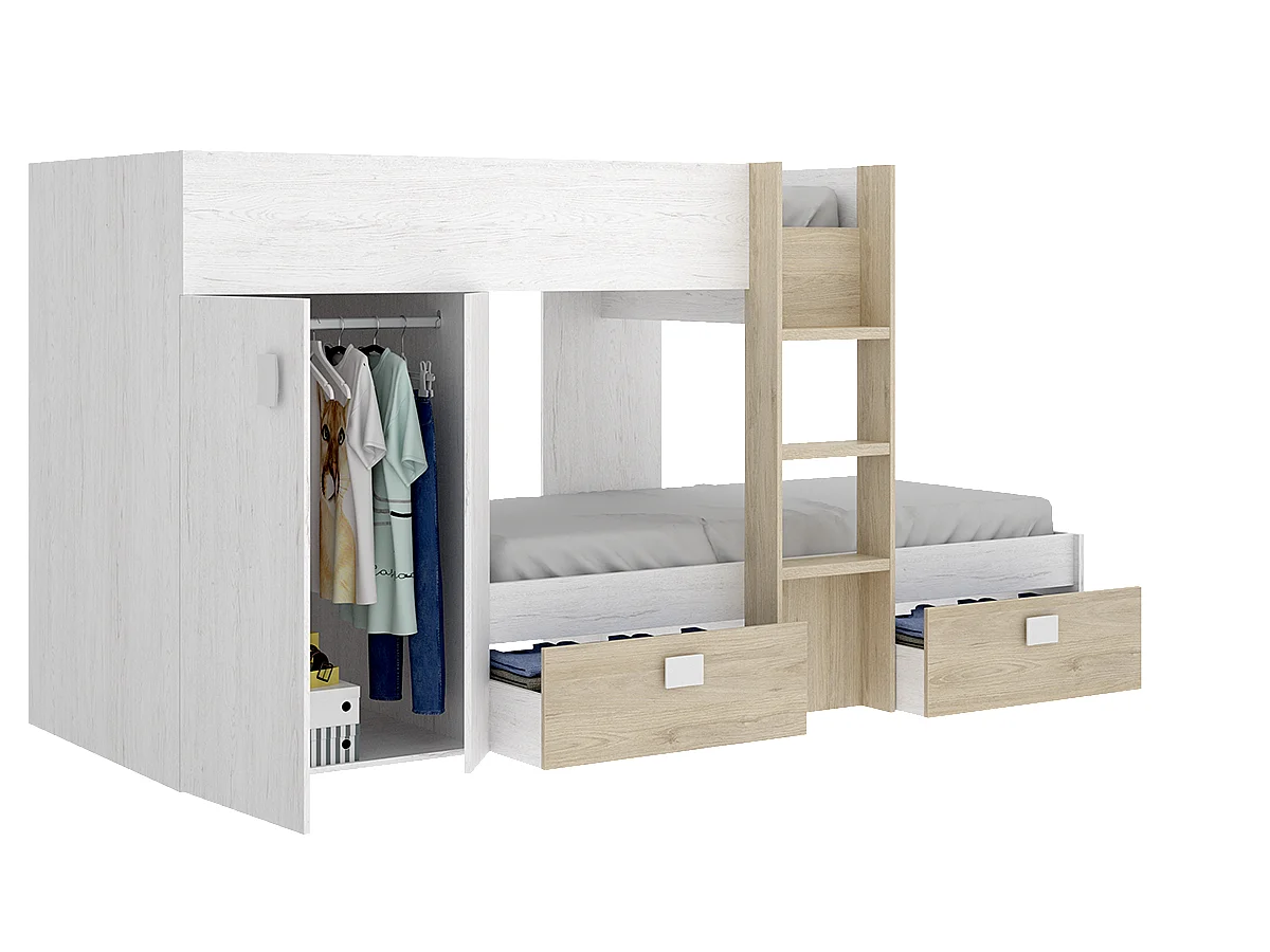 Lit enfant superposé avec armoire et 2 tiroirs coloris chêne naturel, imitation lamelles, blanc  -  Longueur 271 x Profondeur 111 x Hauteur 150 cm