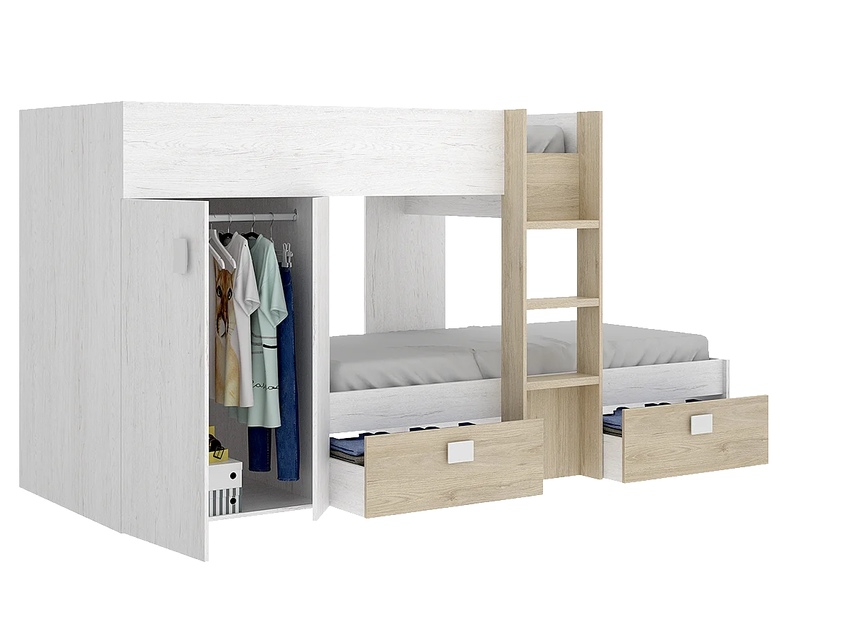 Lit enfant superposé avec armoire et 2 tiroirs coloris chêne naturel, imitation lamelles, blanc  -  Longueur 271 x Profondeur 111 x Hauteur 150 cm