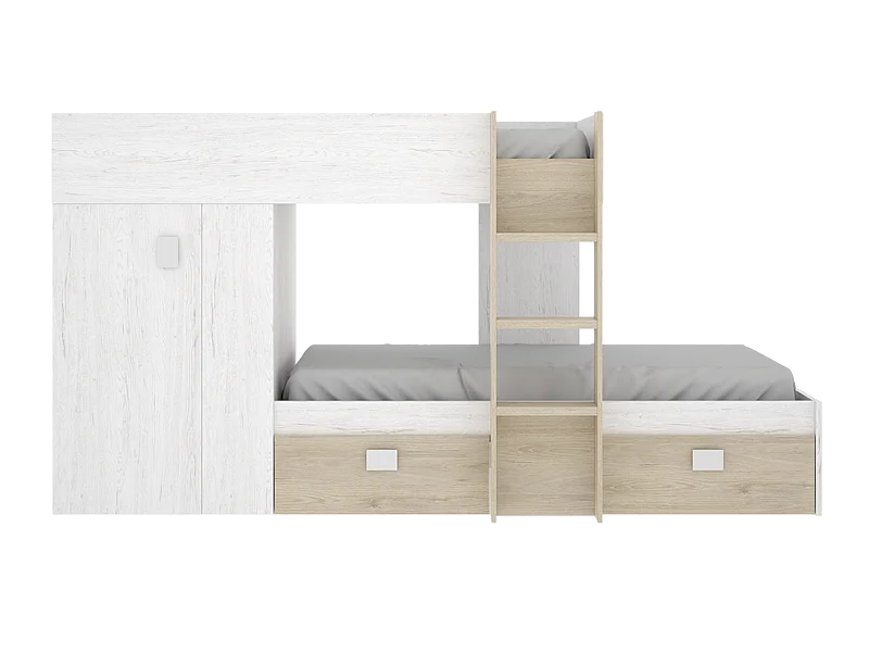 Lit enfant superposé avec armoire et 2 tiroirs coloris chêne naturel, imitation lamelles, blanc  -  Longueur 271 x Profondeur 111 x Hauteur 150 cm