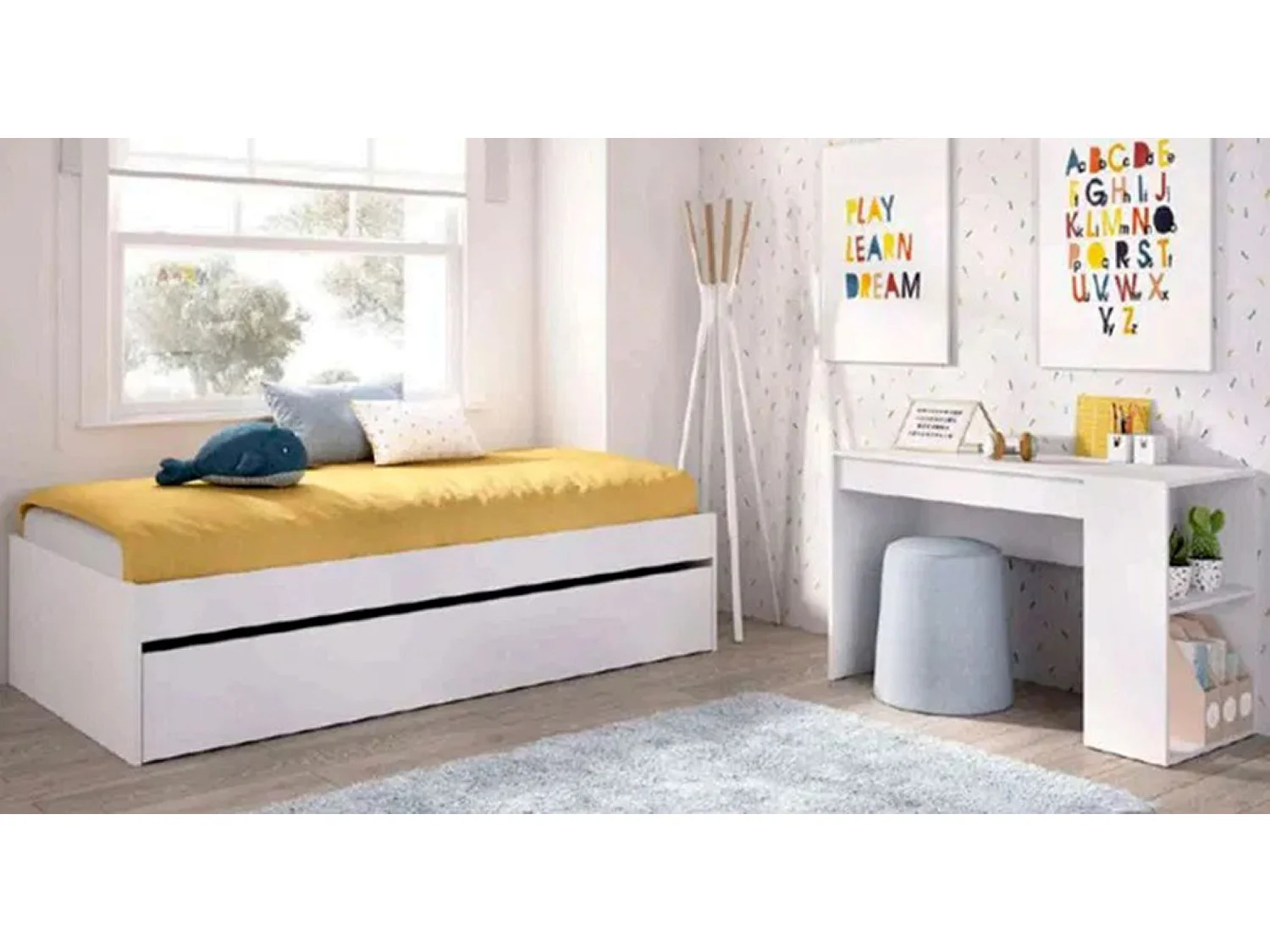 Ensemble de lit gigogne avec 2 tiroirs + Table de nuit + armoire  pour enfant coloris chêne naturel, blanc