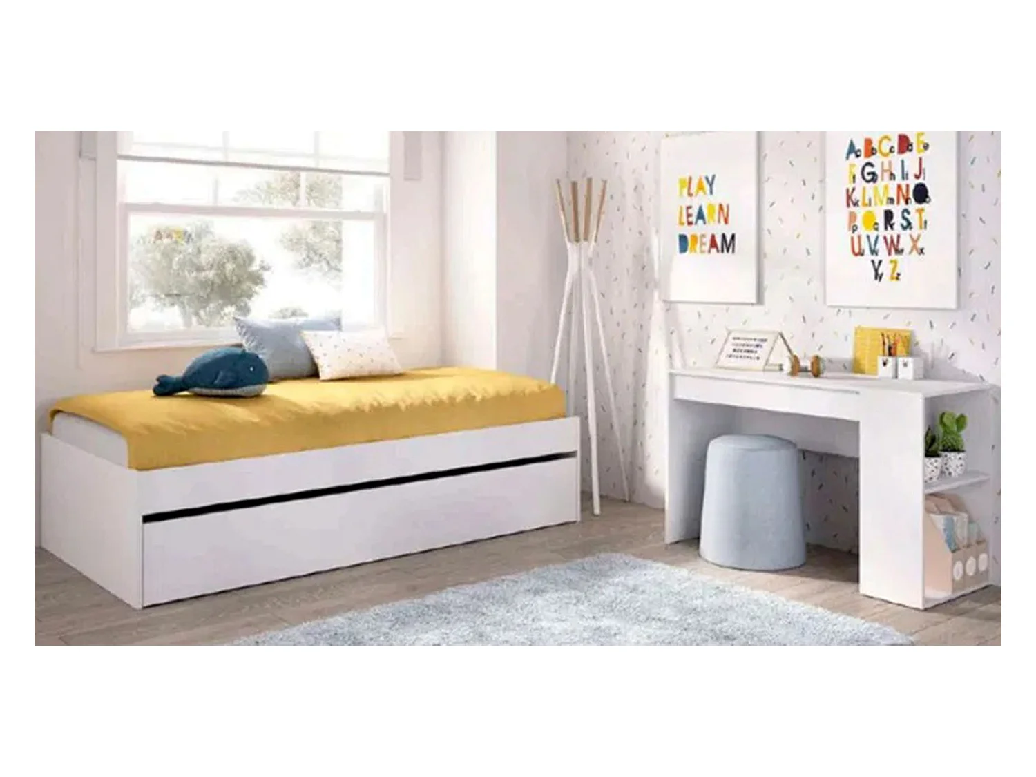 Ensemble de lit gigogne avec 2 tiroirs + Table de nuit + armoire  pour enfant coloris chêne naturel, blanc