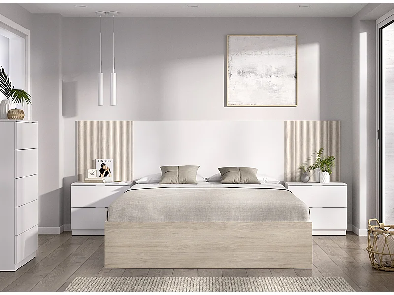 Ensemble de Tête de lit avec 2 tables de chevet avec 2 tiroirs et structure de lit,  140x190 cm + commode haute coloris imitation lamelles, blanc, chêne naturel