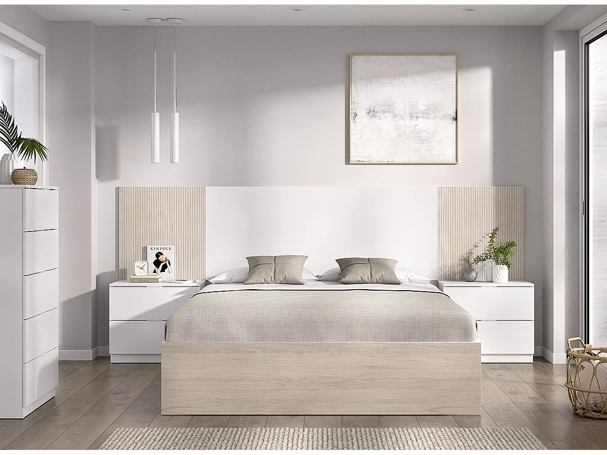 Ensemble de Tête de lit avec 2 tables de chevet avec 2 tiroirs et structure de lit,  140x190 cm + commode haute coloris imitation lamelles, blanc, chêne naturel