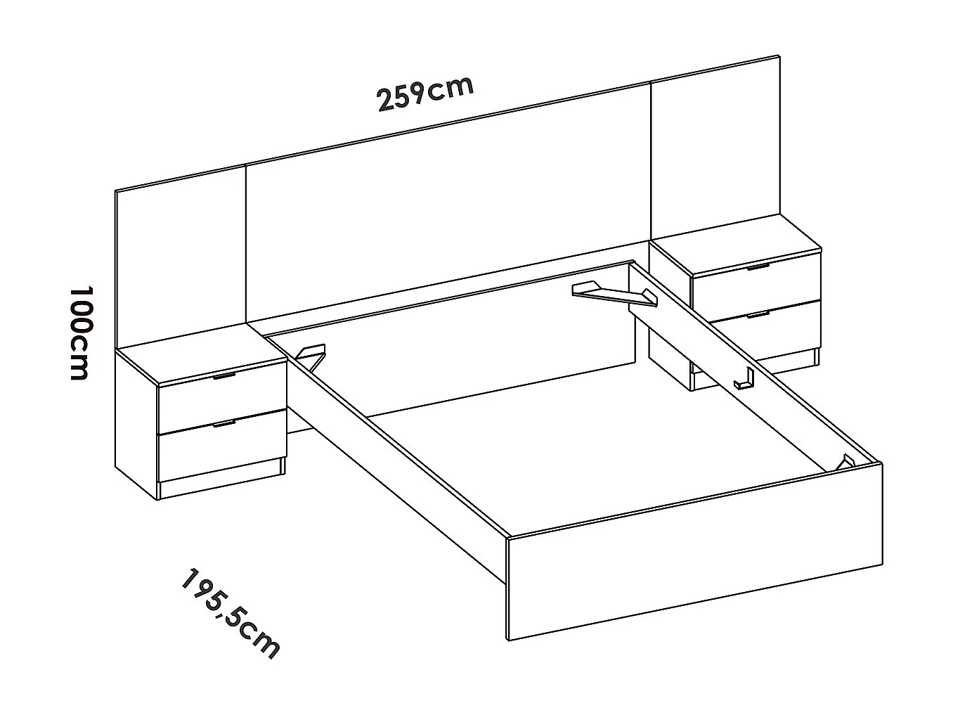 Ensemble de Tête de lit avec 2 tables de chevet avec 2 tiroirs et structure de lit,  140x190 cm + commode haute coloris imitation lamelles, blanc, chêne naturel