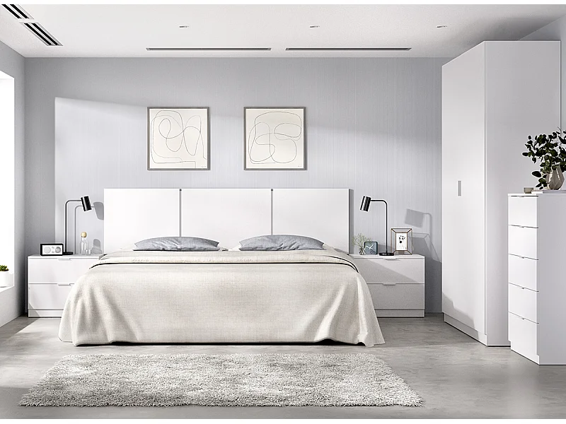 Ensemble de tête de lit + lot de 2 tables de chevet avec 2 tiroirs + armoire + commode haute avec 5 tiroirs coloris blanc