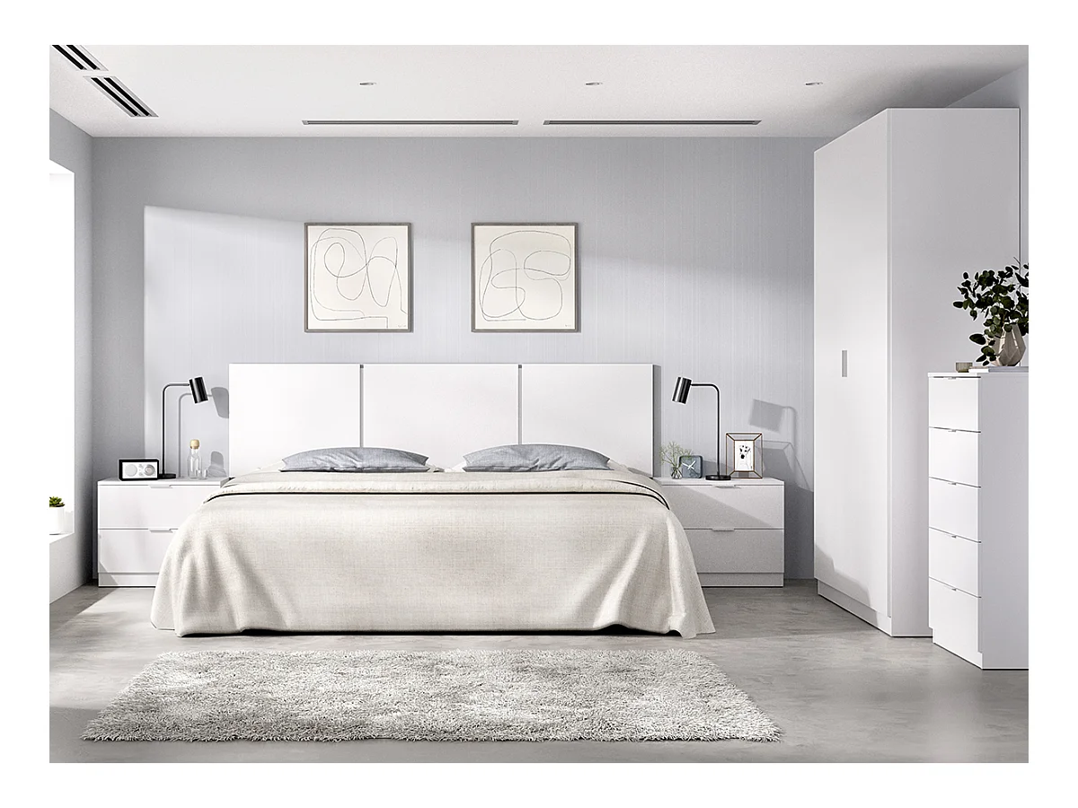 Ensemble de tête de lit + lot de 2 tables de chevet avec 2 tiroirs + armoire + commode haute avec 5 tiroirs coloris blanc