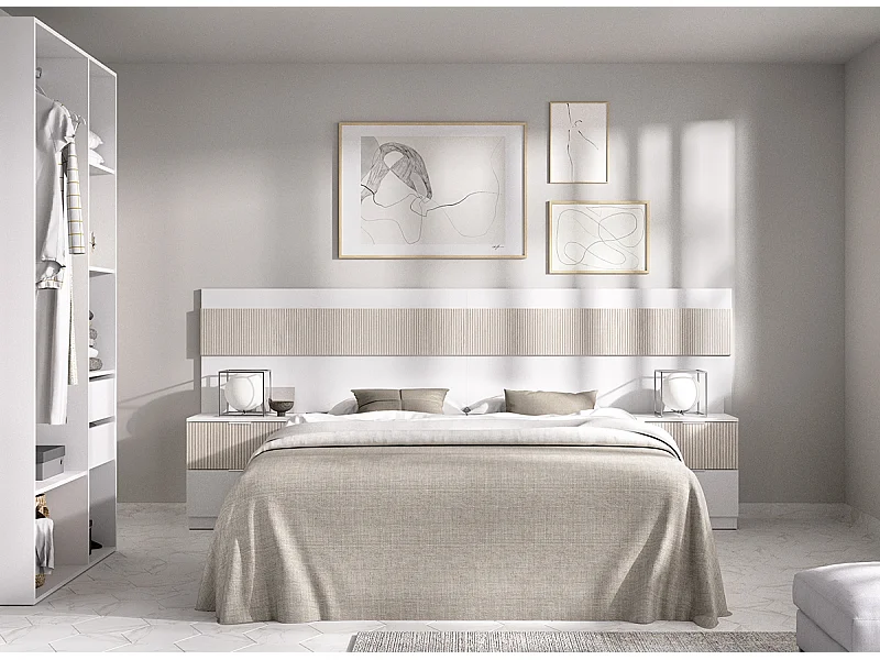 Tête de lit + 2 tables de nuits avec 2 tiroirs + armoire coloris imitation lamelles, blanc