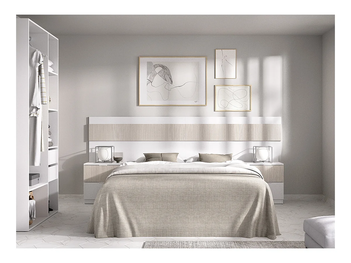 Tête de lit + 2 tables de nuits avec 2 tiroirs + armoire coloris imitation lamelles, blanc