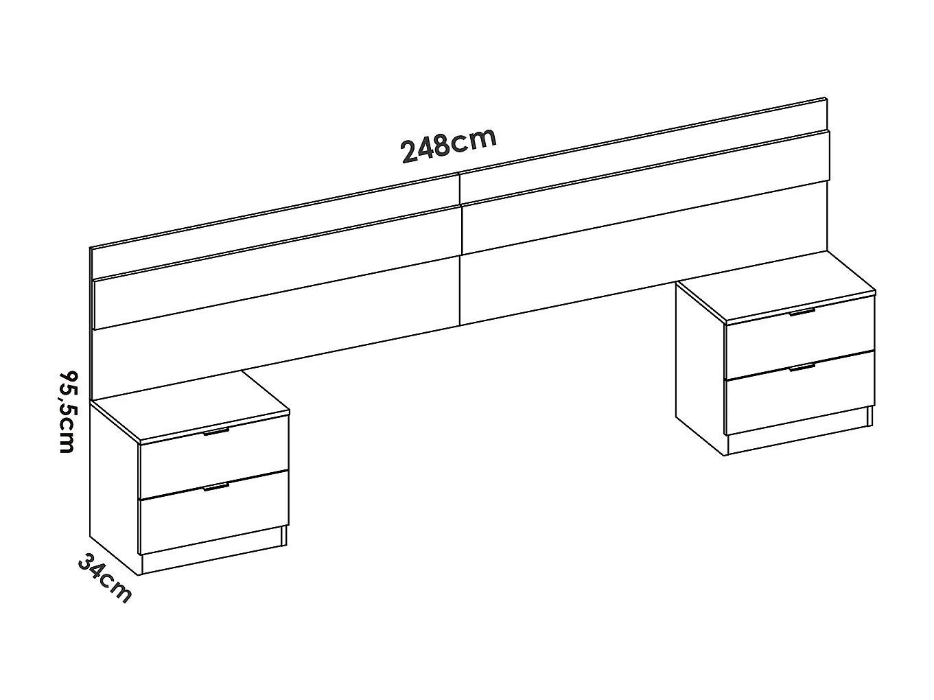 Tête de lit + 2 tables de nuits avec 2 tiroirs + armoire coloris imitation lamelles, blanc