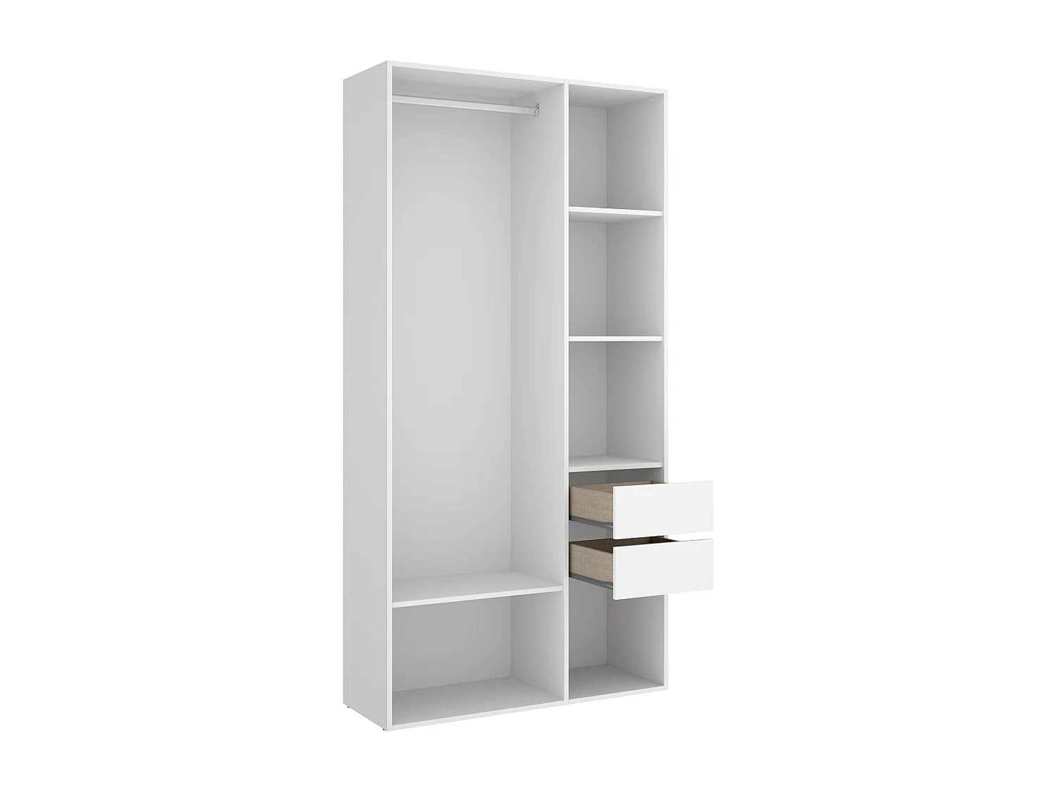 Tête de lit + 2 tables de nuits avec 2 tiroirs + armoire coloris imitation lamelles, blanc