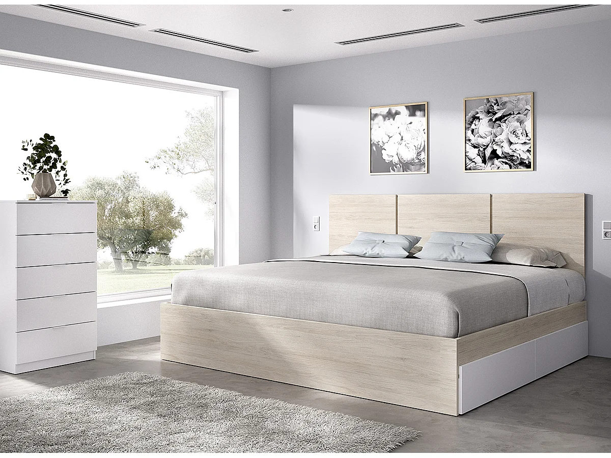 Tête de lit avec structure de lit 140X190cm + 4 tiroirs + commode haute 5 tiroirs coloris blanc, chêne naturel