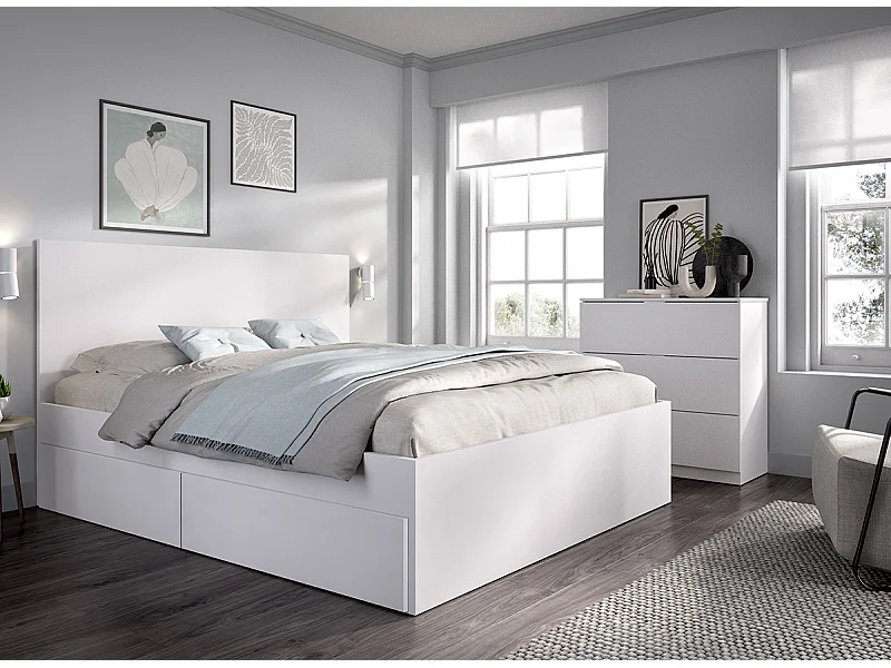 Lit adulte, couchage 140x190 cm avec 4 tiroirs + commode haute avec 3 tiroirs coloris blanc
