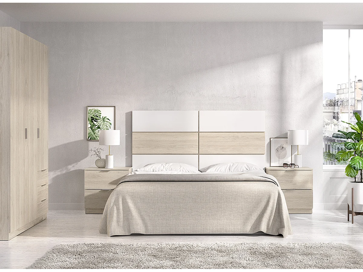 Ensemble de tête de lit avec 2 tables de chevet et armoire coloris chêne naturel, blanc