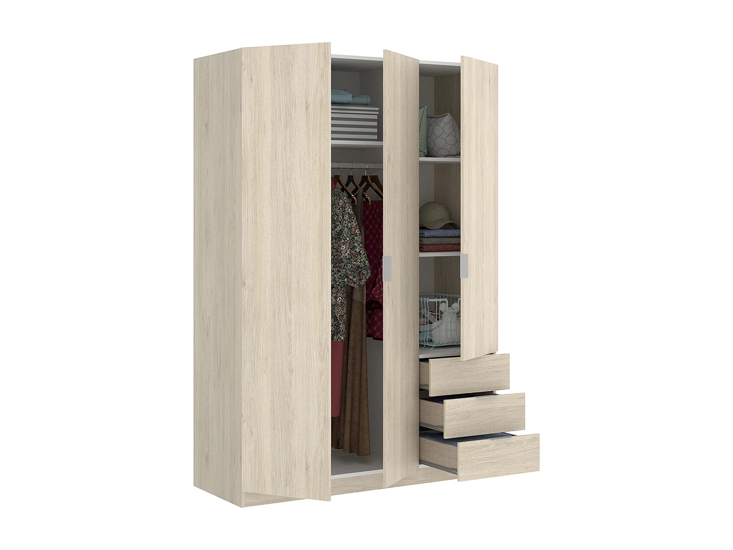 Ensemble de tête de lit avec 2 tables de chevet et armoire coloris chêne naturel, blanc
