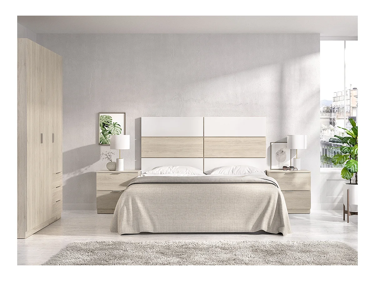 Ensemble de tête de lit avec 2 tables de chevet et armoire coloris chêne naturel, blanc
