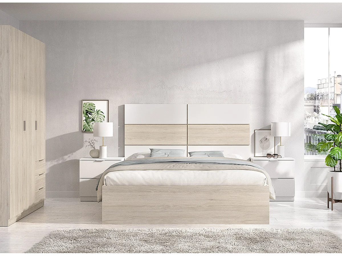 Tête de lit avec 2 tables de chevet , Structure de lit 140x190 cm + armoire avec 3 portes et 2 tiroirs coloris chêne naturel, blanc