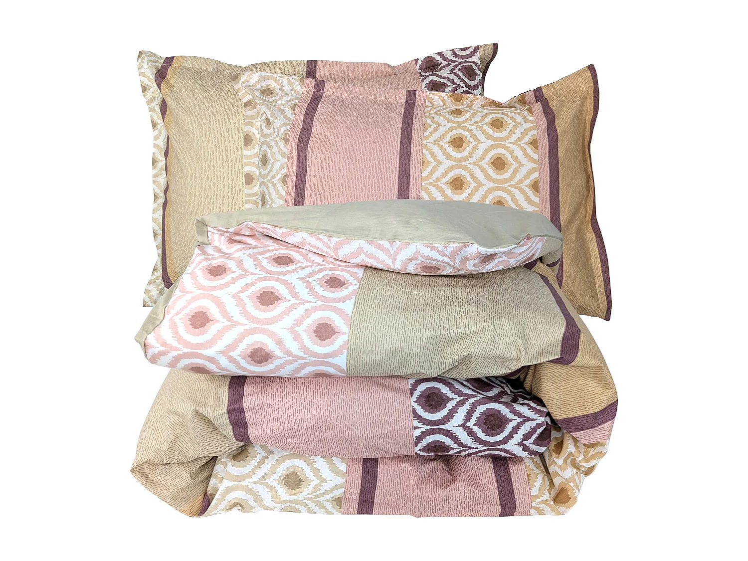 Parure de lit 3 pièces : housse 200x200 cm et taies 50x70 cm coton INOUK rose/beige