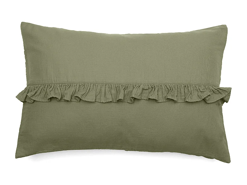 Housse de coussin en mousseline de coton volant central 40x60 cm cm ELZA vert mousse