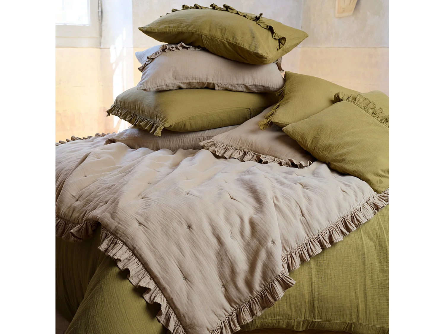 Housse de coussin en mousseline de coton volant central 40x60 cm cm ELZA beige ficelle