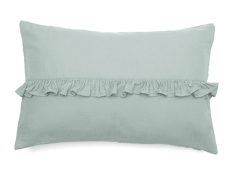 Housse de coussin en mousseline de coton volant central 40x60 cm cm ELZA gris lichen
