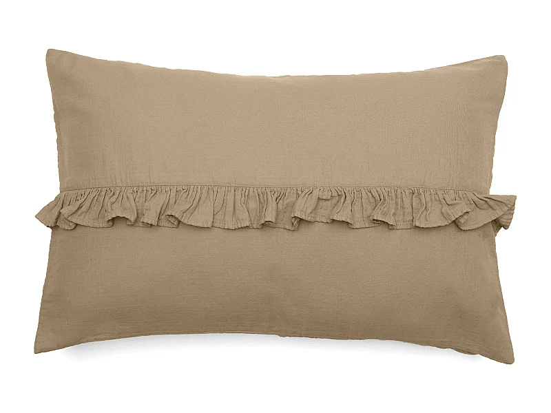 Housse de coussin en mousseline de coton volant central 40x60 cm cm ELZA marron camel