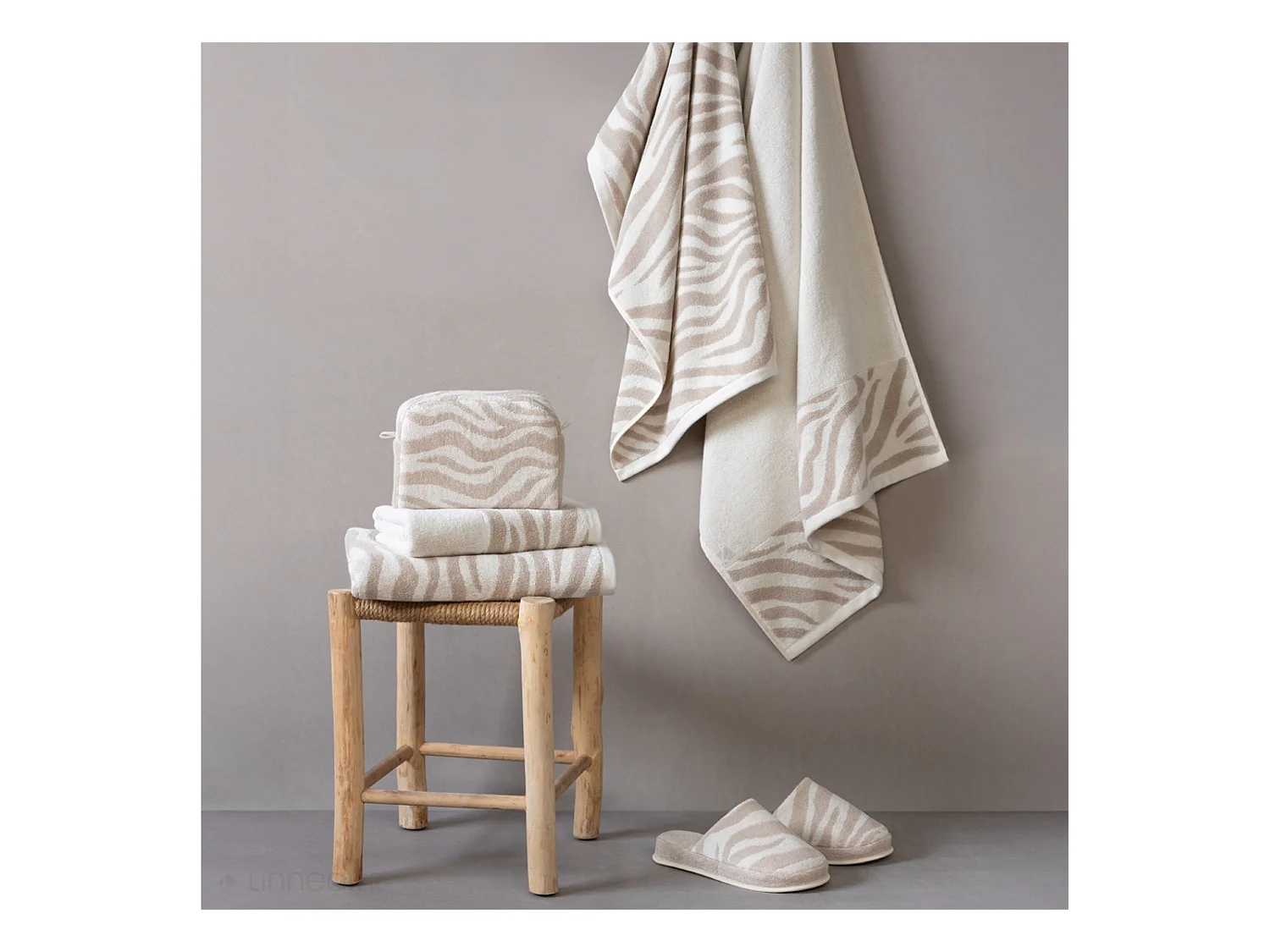 Parure de bain 7 pièces ZEBRA SOFT motif zèbre pur coton beige