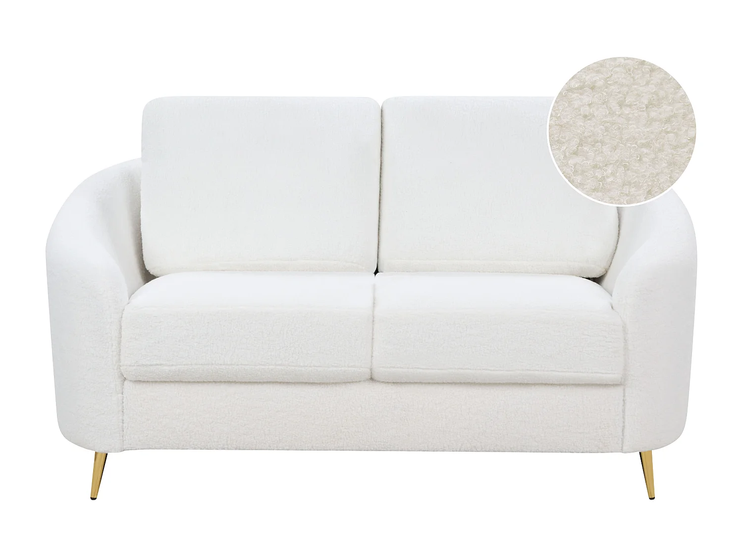 2-Sitzer Sofa Bouclé weiß mit Armlehnen goldenen Füßen glamourös modern Trosa