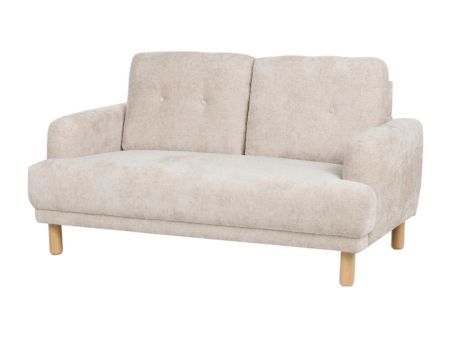 2-Sitzer Sofa Bouclé beige mit hohen Holzbeinen Armlehnen Knöpfe Retro Stil Tuve