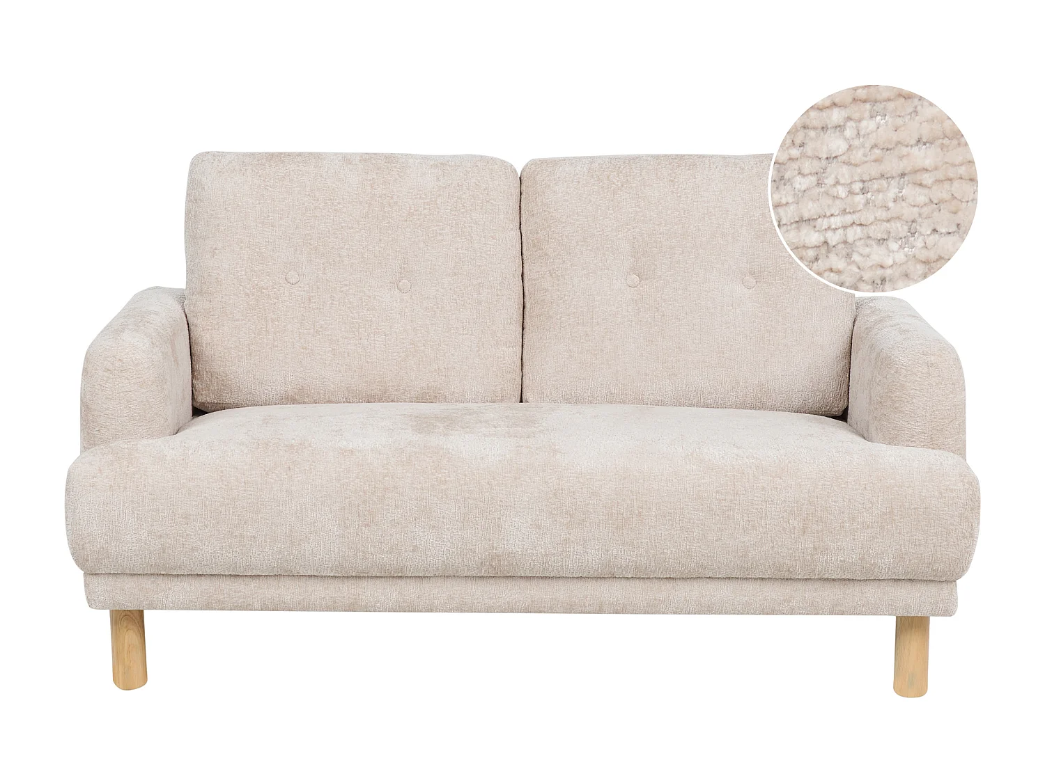 2-Sitzer Sofa Bouclé beige mit hohen Holzbeinen Armlehnen Knöpfe Retro Stil Tuve