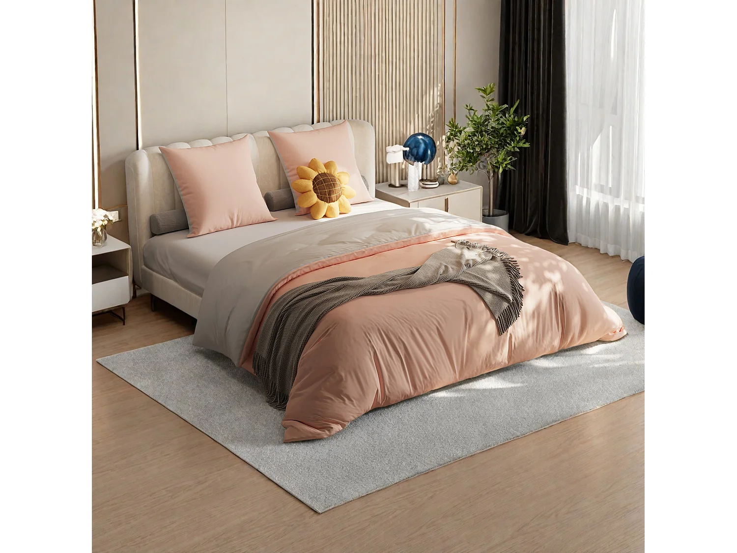 Parure de lit réversible en microfibre,drap-housse 140x200x30 cm, housse de couette avec corde d'angle,2 taies d'oreiller, gris rose