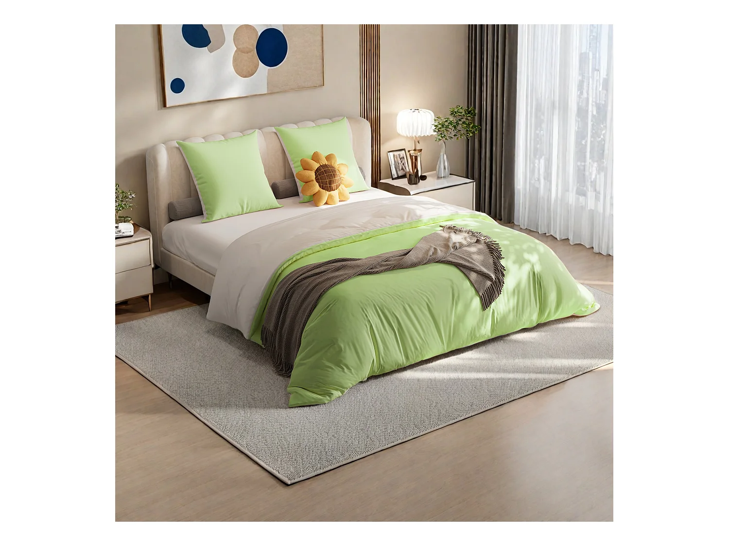 Parure de lit réversible en microfibre,drap-housse 140x200x30 cm, housse de couette avec corde d'angle,2 taies d'oreiller,blanc vert
