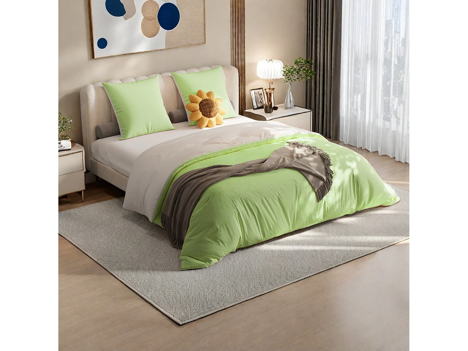 Parure de lit réversible en microfibre,drap-housse 140x200x30 cm, housse de couette avec corde d'angle,2 taies d'oreiller,blanc vert