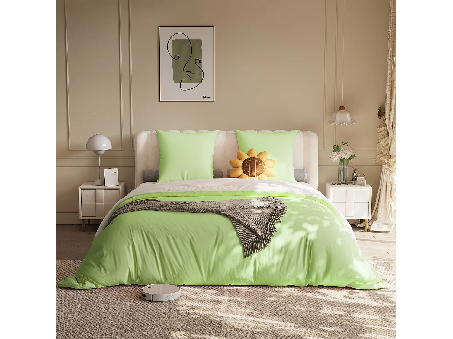 ensemble de literie 4 pièces,drap-housse 140x200x30 cm, housse de couette avec corde d'angle,2 taies d'oreiller,blanc vert