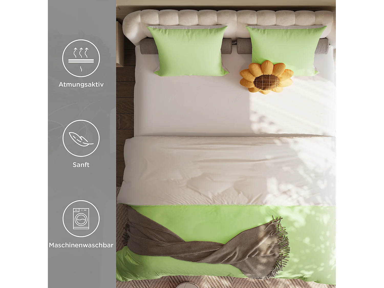 ensemble de literie 4 pièces,drap-housse 140x200x30 cm, housse de couette avec corde d'angle,2 taies d'oreiller,blanc vert