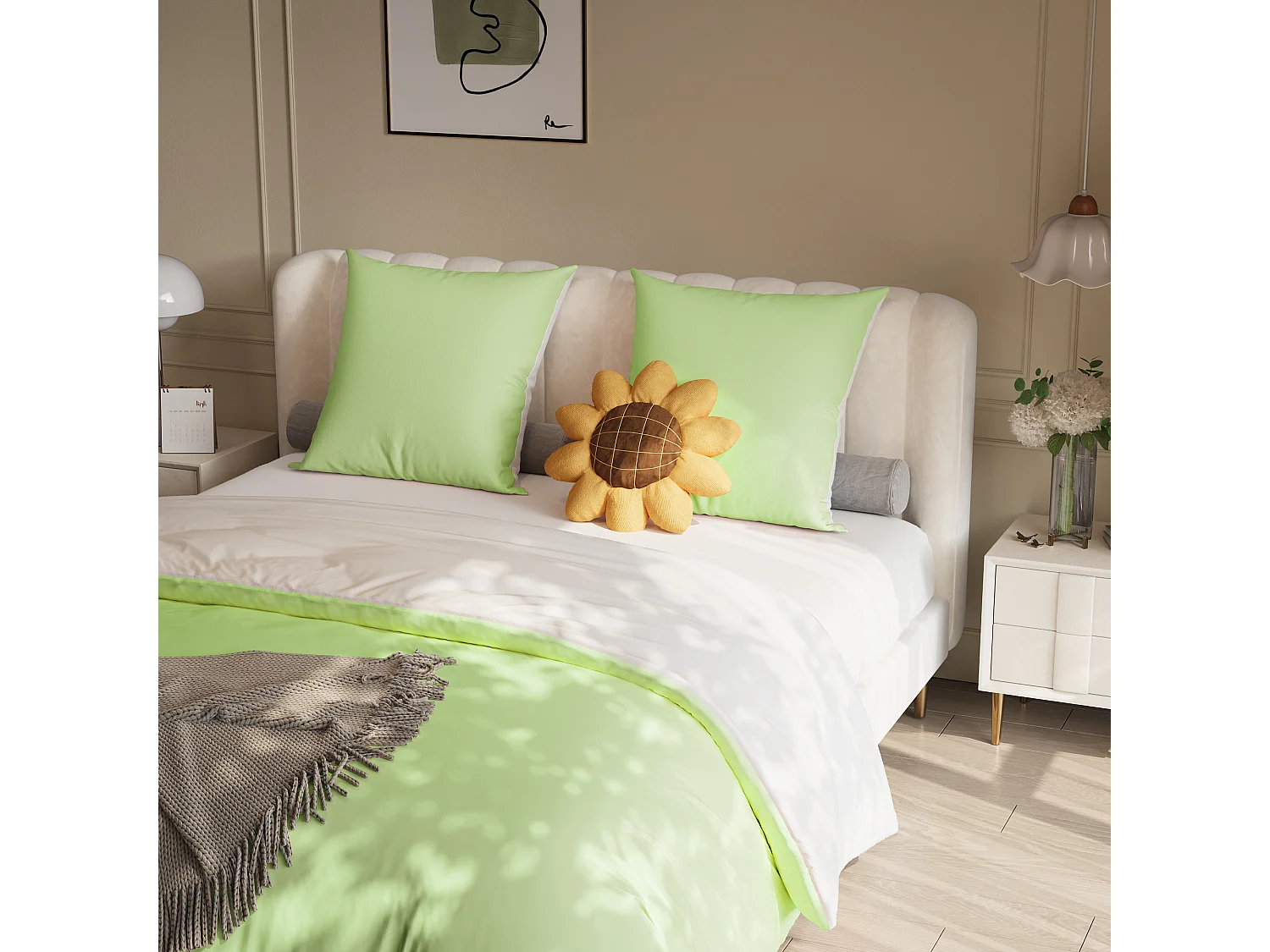 ensemble de literie 4 pièces,drap-housse 140x200x30 cm, housse de couette avec corde d'angle,2 taies d'oreiller,blanc vert