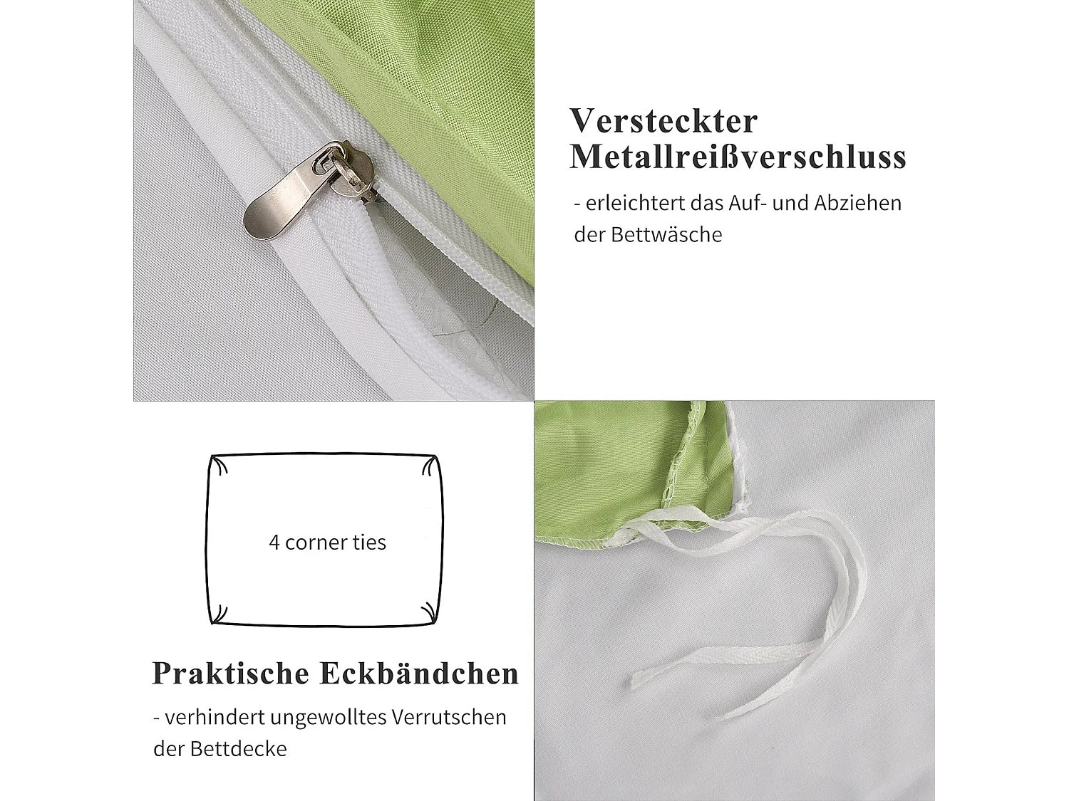 ensemble de literie 4 pièces,drap-housse 140x200x30 cm, housse de couette avec corde d'angle,2 taies d'oreiller,blanc vert