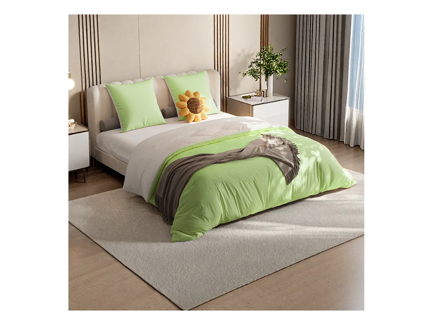Parure de lit réversible en microfibre,drap-housse 160x200x30 cm, housse de couette avec corde d'angle,2 taies d'oreiller,blanc vert