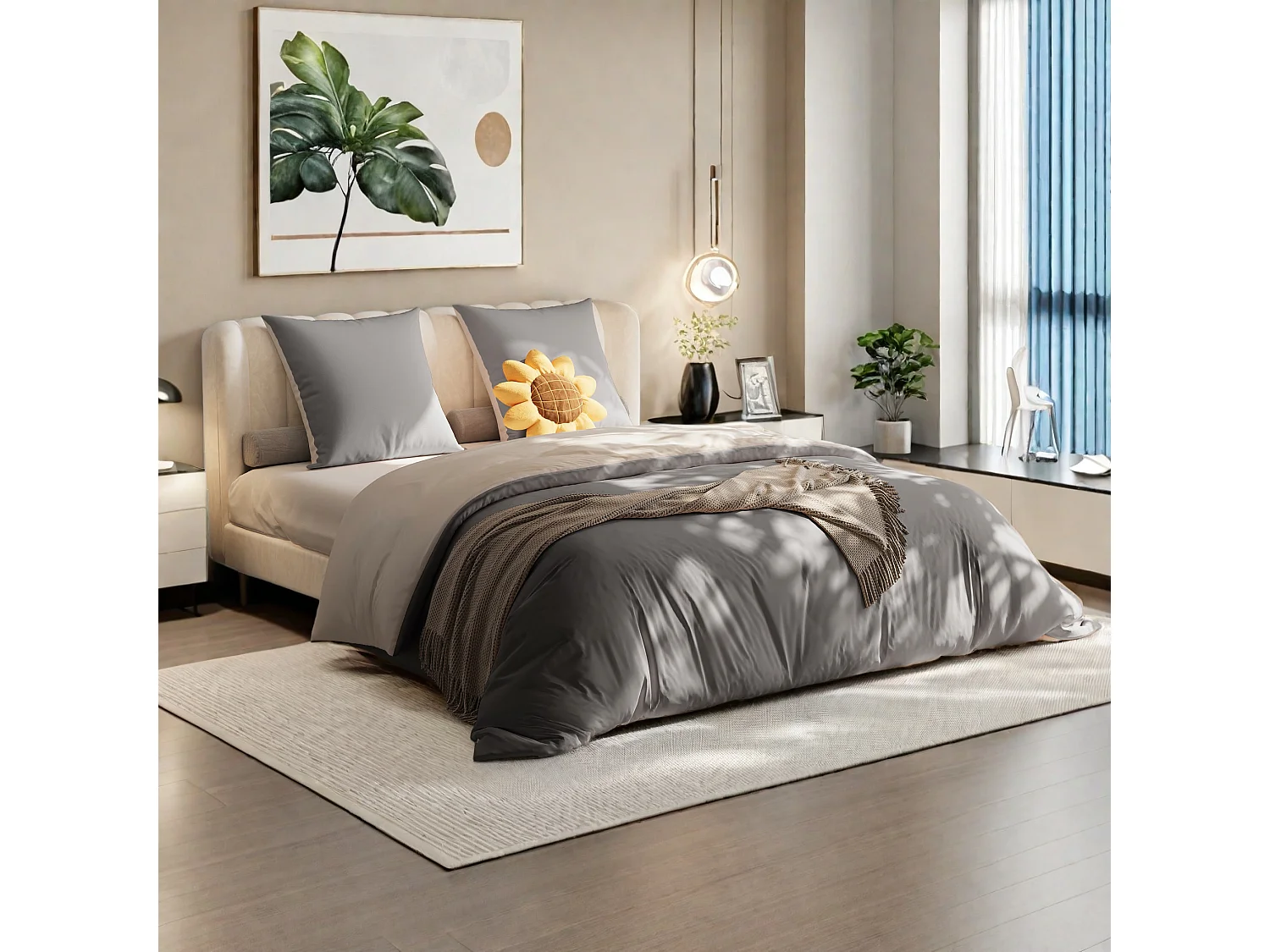 Parure de lit réversible en microfibre, drap-housse 160x200x30 cm, housse de couette avec corde d'angle, 2 taies d'oreiller, gris