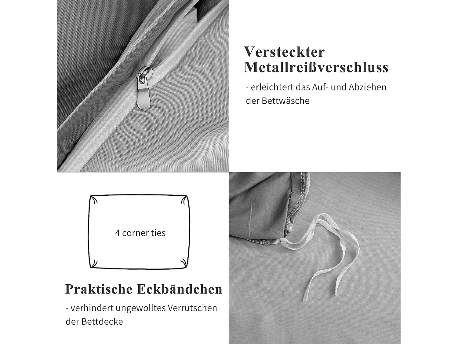 Parure de lit réversible en microfibre, drap-housse 160x200x30 cm, housse de couette avec corde d'angle, 2 taies d'oreiller, gris