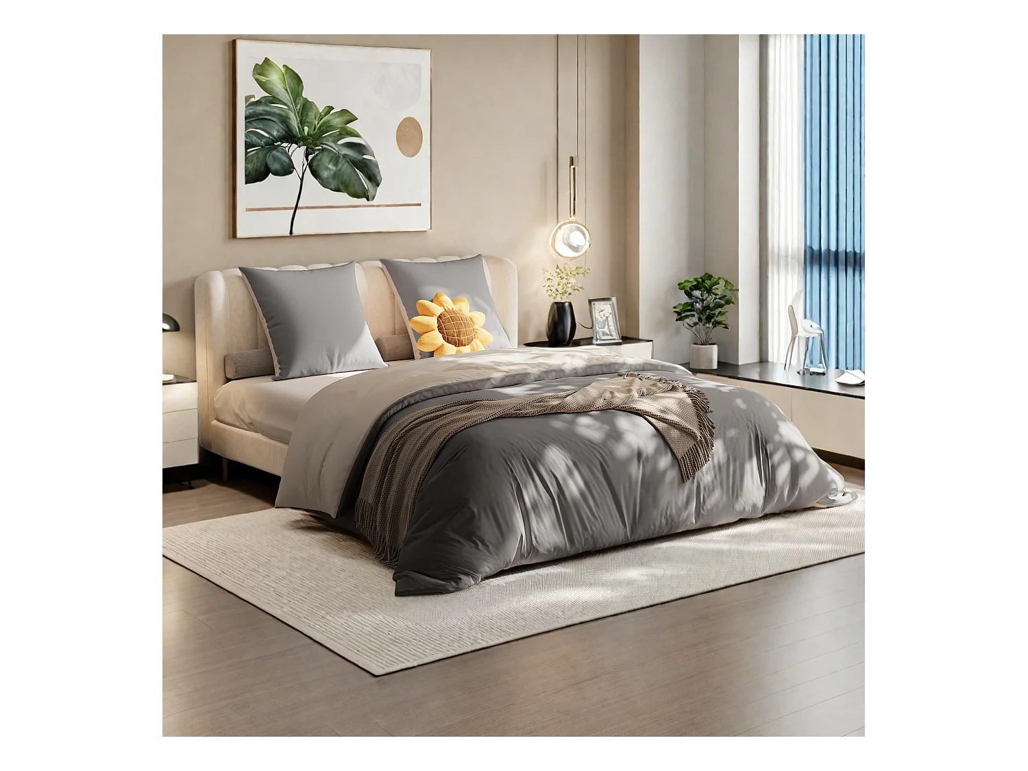 Parure de lit réversible en microfibre, drap-housse 160x200x30 cm, housse de couette avec corde d'angle, 2 taies d'oreiller, gris